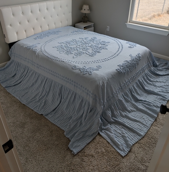 Mary Jane Farm Boho Baby Blue Swiss Dot Cotton Bedspread Oversized Size 115